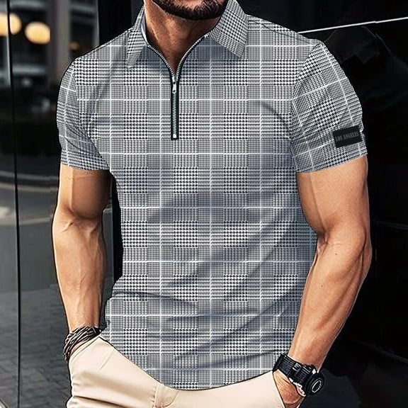 Sakmal Polo Shirts for Men Breathable Zip Neck Short Sleeve Tshirts Plaid Dressy Casual Gray Shirts for Men L