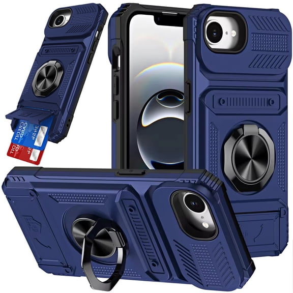 For iPhone 17E / 16E / SE4 Multi-Functional 2X Card Slot Shockproof Metal Ring Hybrid Case - Blue
