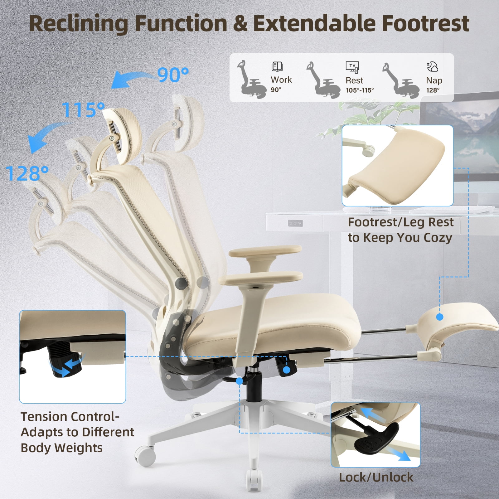 Hforesty Cream Foldable Office Chair with Footrest – Ergonomic Mesh Computer Chair, Lumbar Support, Swivel Tilt, 300lbs