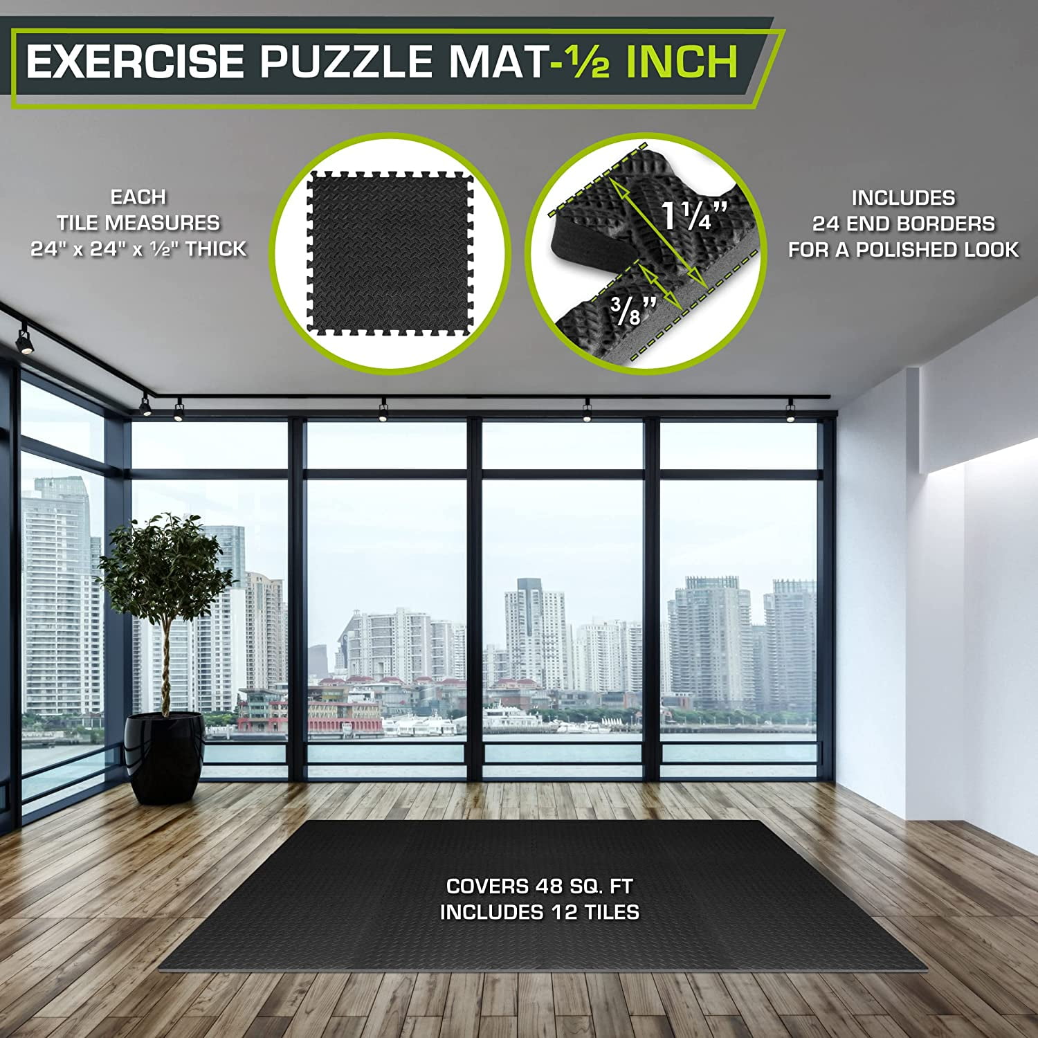 Interlocking Foam Floor Tiles, ½ Inch Thick, Water-Resistant EVA Exercise Mat for Home Gym, Workout Equipment Padding, 24x24 Inch, 48 Sq Ft (12 Tiles)