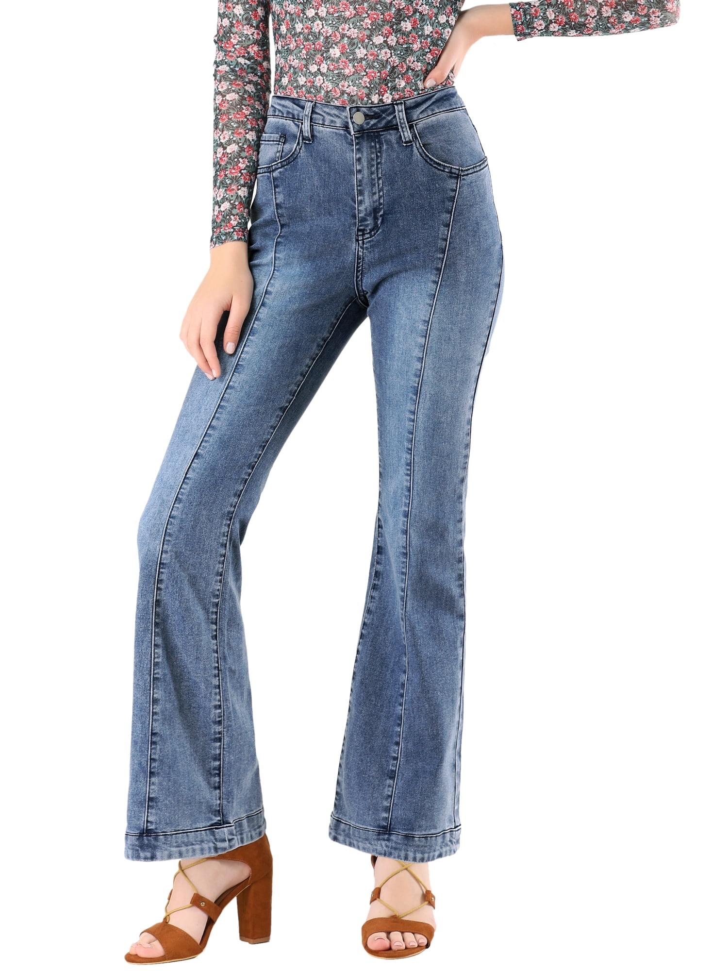 Unique Bargains Women's High Waist Flare Jeans Long Pants Bell Bottoms Denim  Jeans 