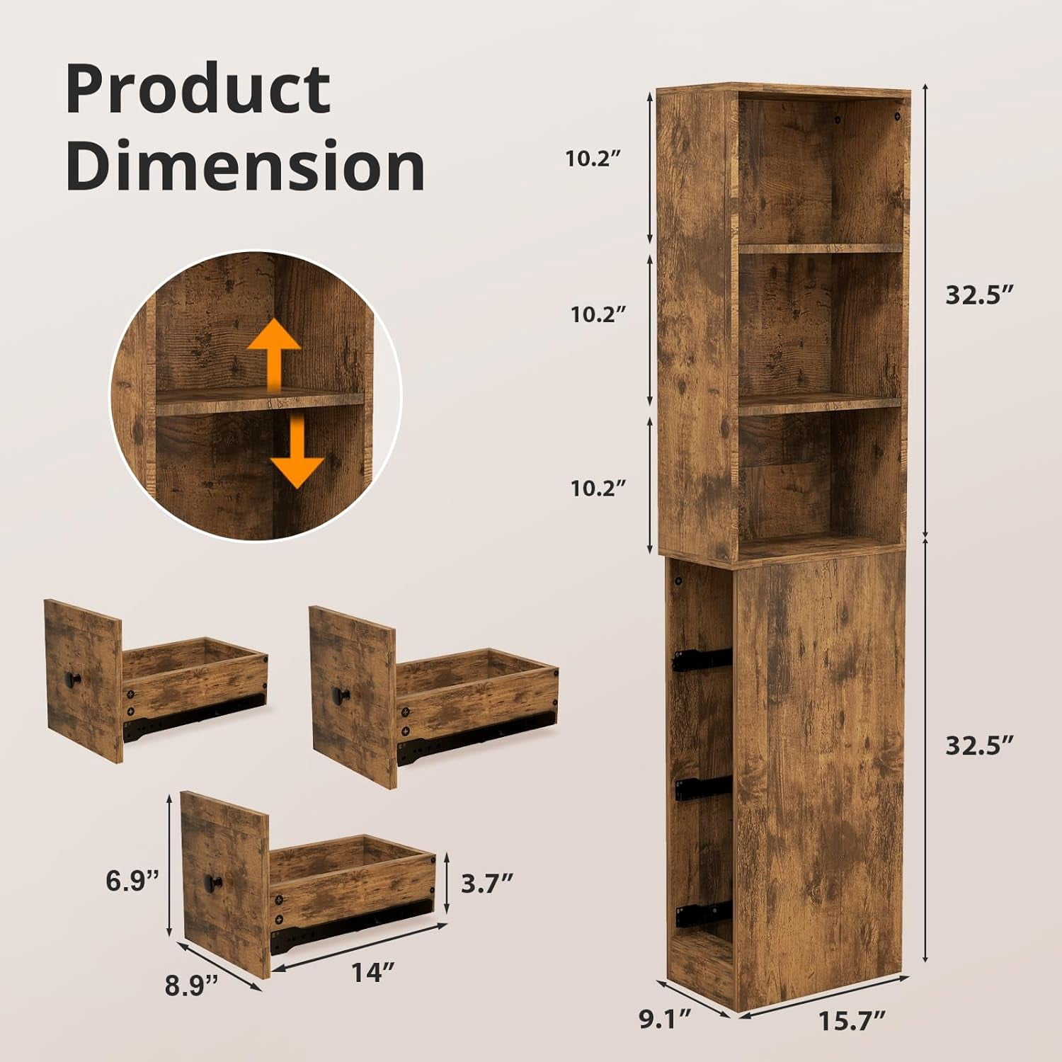 Storage Cabinet Tall Narrow Bathroom Organizer with 3-Level Adjustable Shelves Slim Free Standing Space Saver for Living Room Kitchen, Rustic