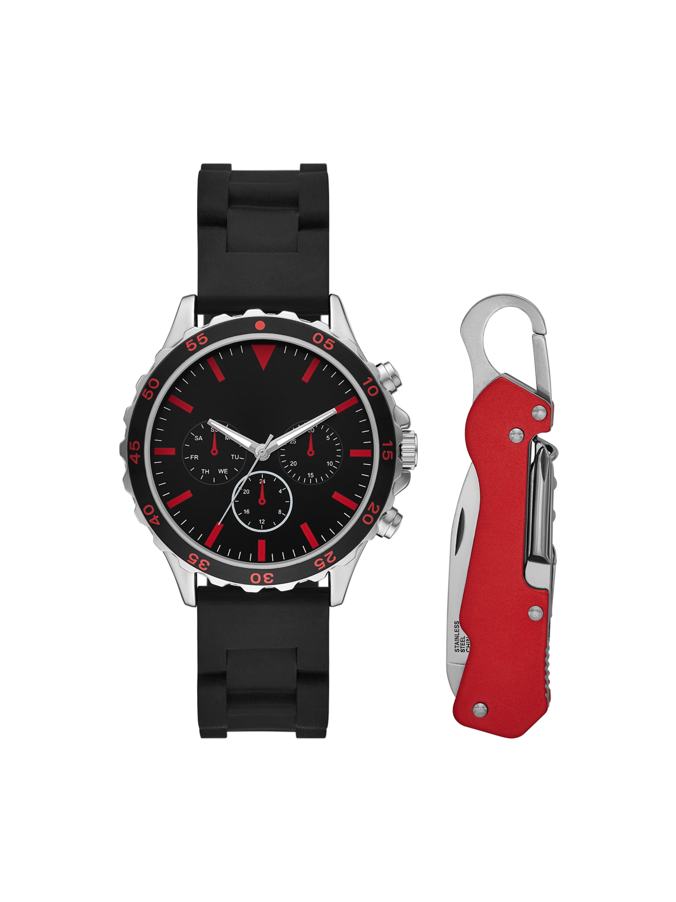 Mens Silver Round Analog Watch with Red Multi-tool and Travel Bag