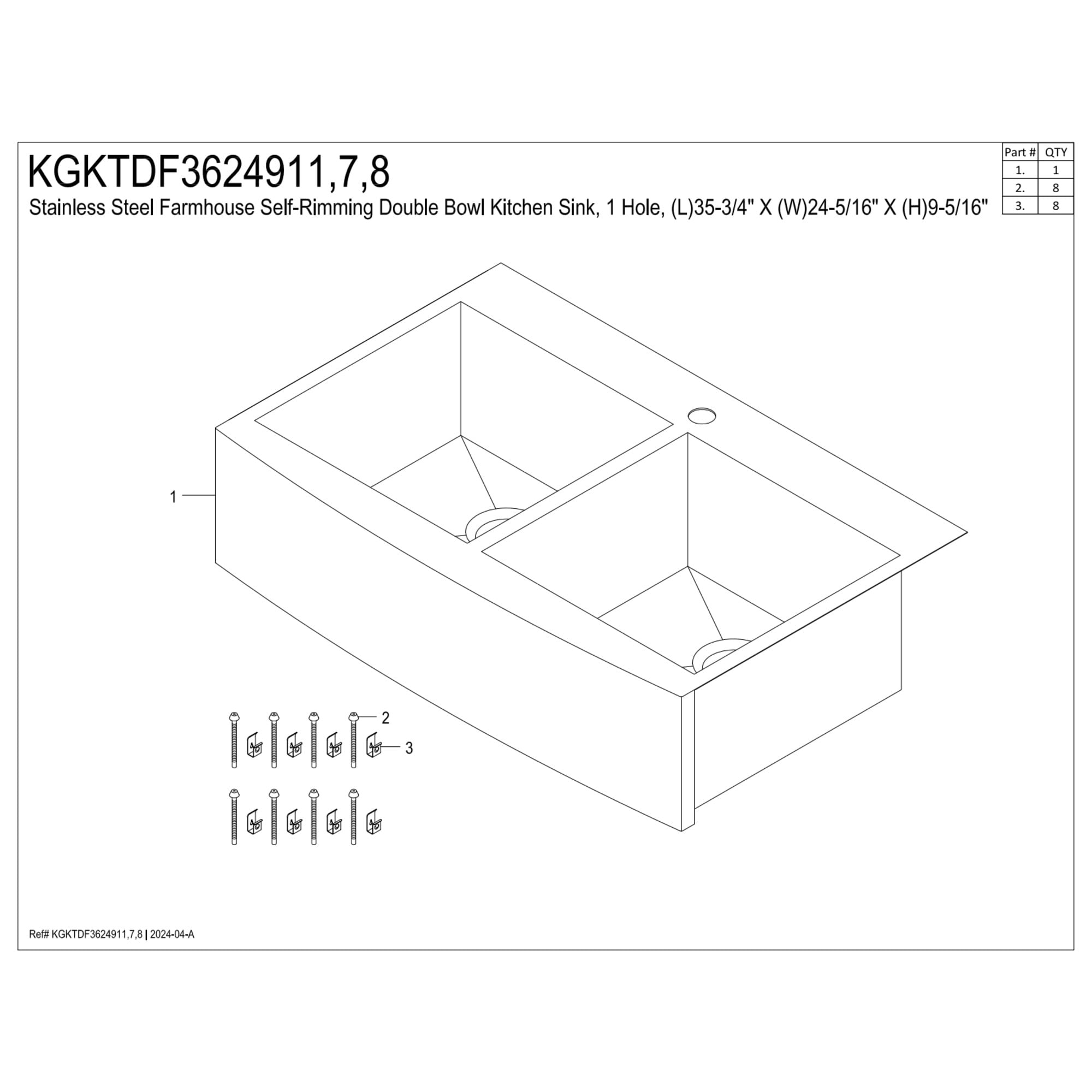Kingston Brass Edinburg KGKTDF3624918 36" Stainless Steel Double Bowl Drop-In Kitchen Sink with 1-Hole Drain and Strainer, Stainless Steel/Brushed Nickel
