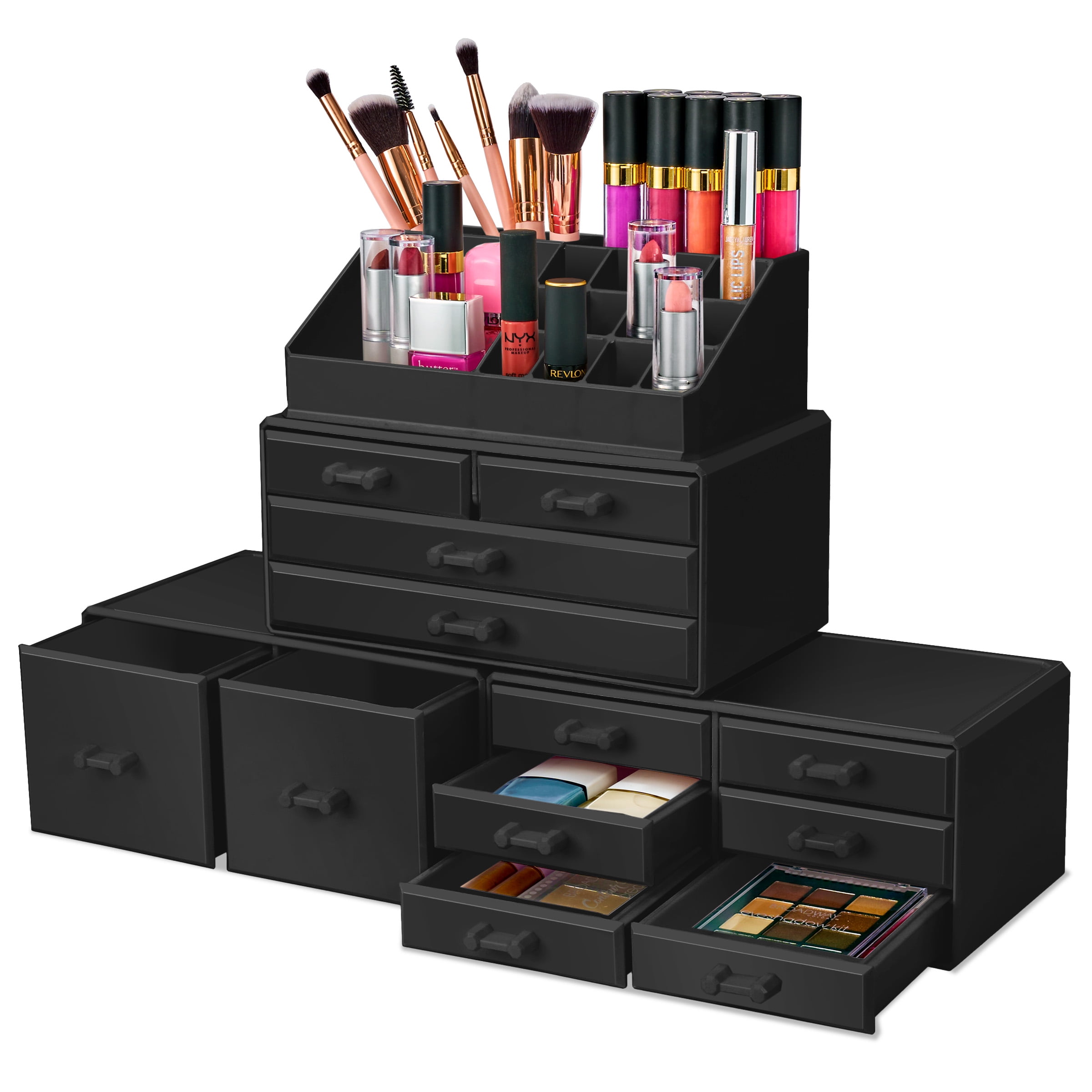 Sorbus 12-Drawer Stackable Makeup Organizer with Brush & Lipstick Holder for Vanity/Bathroom, Black