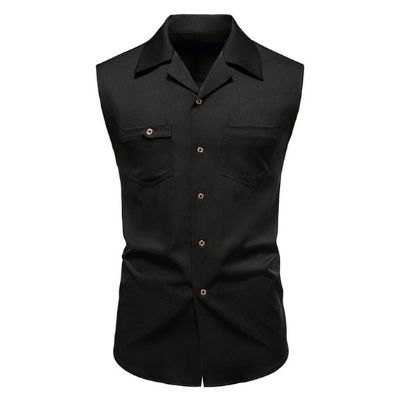 USNSM Men's Casual Fashion Shirt With Pockets Sleeveless Lapel Shirt Summer Solid Color Button Down Shirt Tank Top Black L