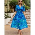 thumbnail image 5 of Womens Summer Dresses 2025 Casual Puff Short Sleeve V Neck Floral Boho Maxi Dress Blue S, 5 of 9