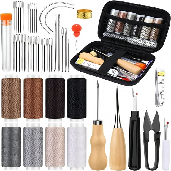 TUWAFE Upholstery Repair Kit, 50 Pcs Sewing Kit with 8 Color Sewing Thread 32 Pcs Upholstery Needle, Sewing Awl, Heavy Duty Sewing Kit for Hand Sewing Car Sofa Shoe Backpack Craft DIY