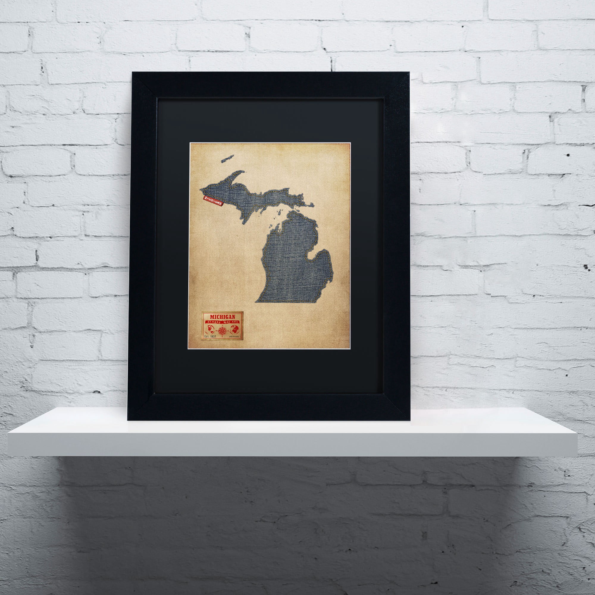 Trademark Fine Art "Michigan Map Denim Jeans Style" Canvas Art by Michael Tompsett, Black Matte, Black Frame