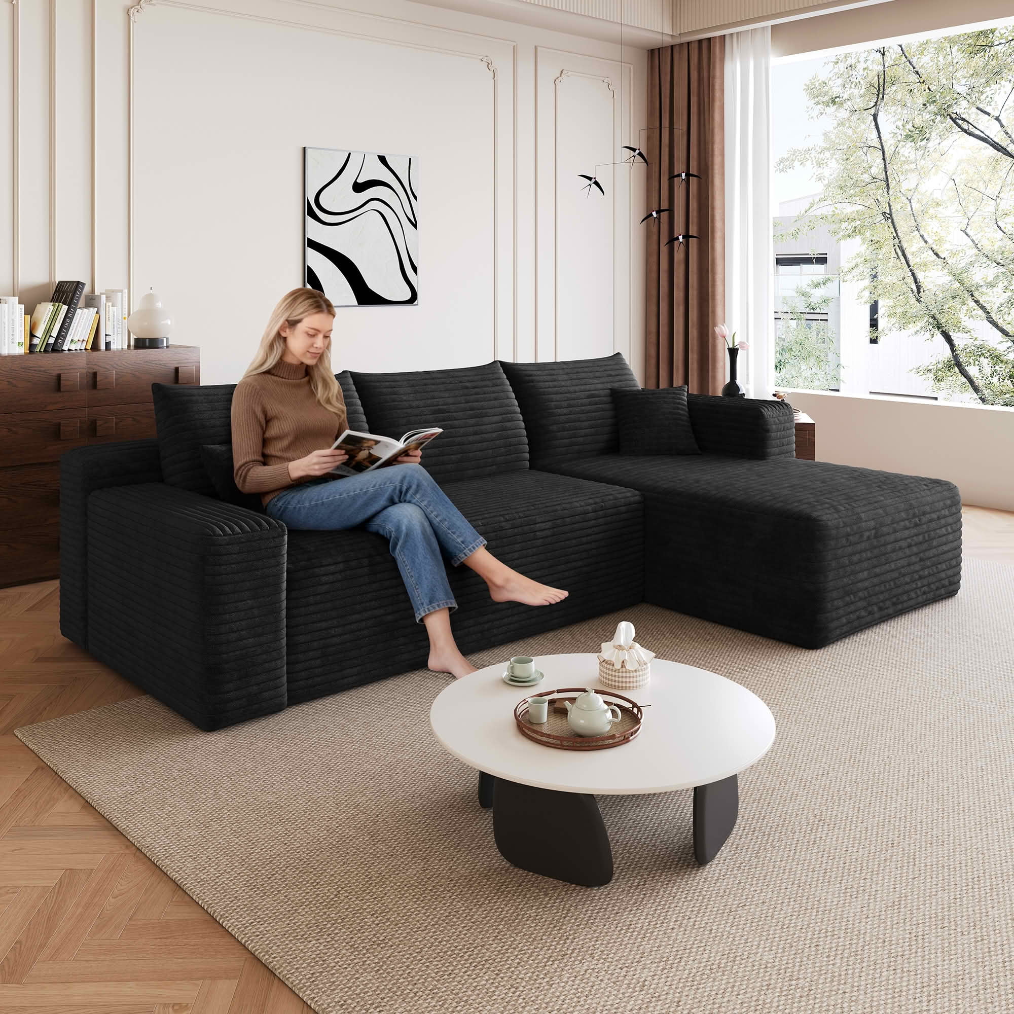 MAYEERTY 95" Cloud Sectional Sofa, U-Shaped Corduroy Upholstered Deep Seat Couch, No Assembly for Living Room, Black
