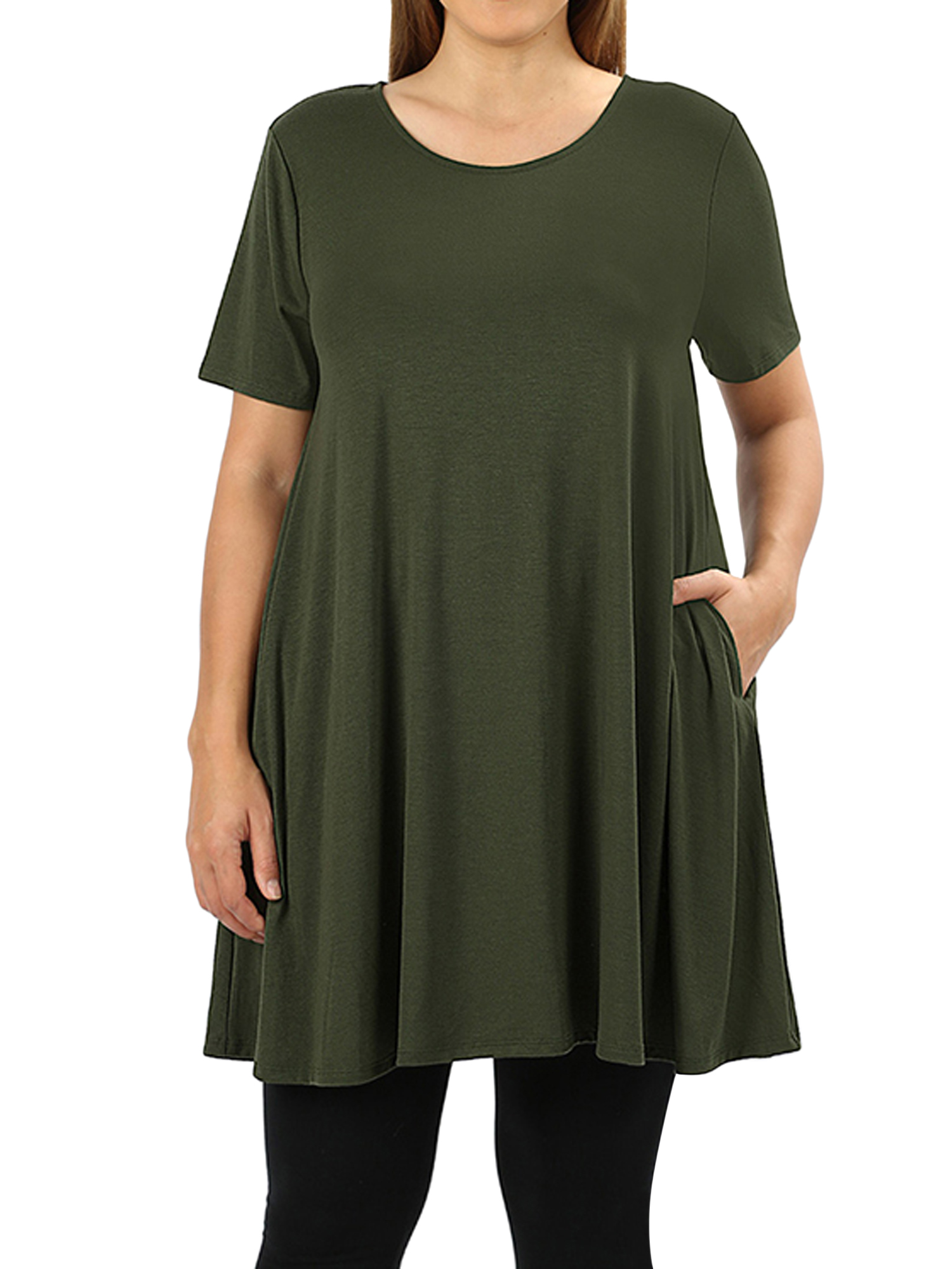 Women & Plus Round Neck Short Sleeve Long (33") Tunic Top with Side