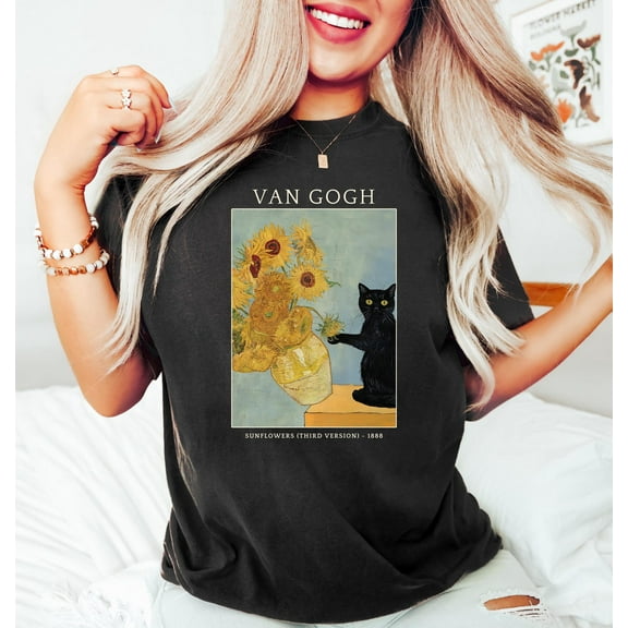 Van Gogh Cat Shirt, Van Gogh Irises Cat Tshirt, Black Cat tee, Funny Cat shirt, Ladies Shirts, Funny gift idea BC006