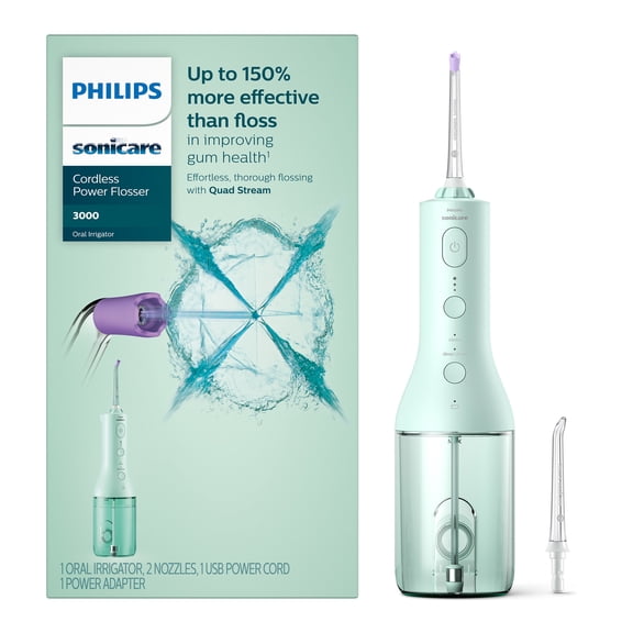 Philips Sonicare Cordless Power Flosser 3000 - Water Flosser with Innovative Quad Stream Technology, Oral Irrigator with 2 Flossing Modes and 3 Pressure Levels, Ipx7 Waterproof, Mint, HX3826/24