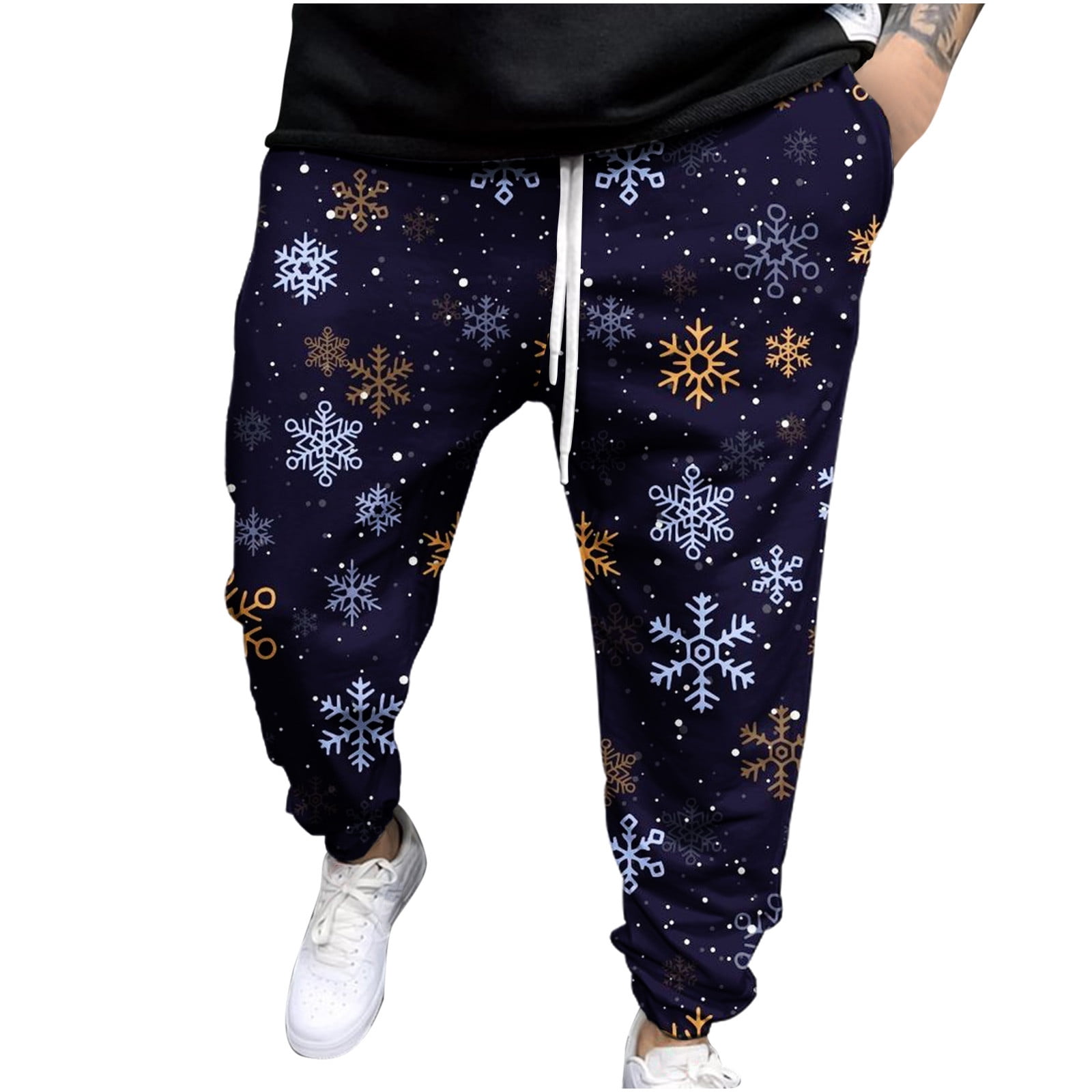 Hinvhai Mens Pants Clearance, Men Sweatpants Christmas 3D Printed Elastic Trousers Dark Blue 18