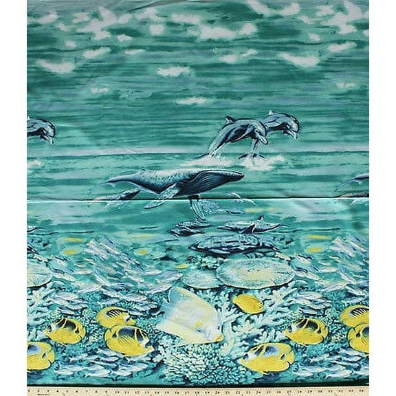 23.5" x 44" Panel Fish Dolphins Whales Ocean Sea Animals Water Underwater Coral Reef Sea Frolic Cotton Fabric Panel (1649-23139-a)