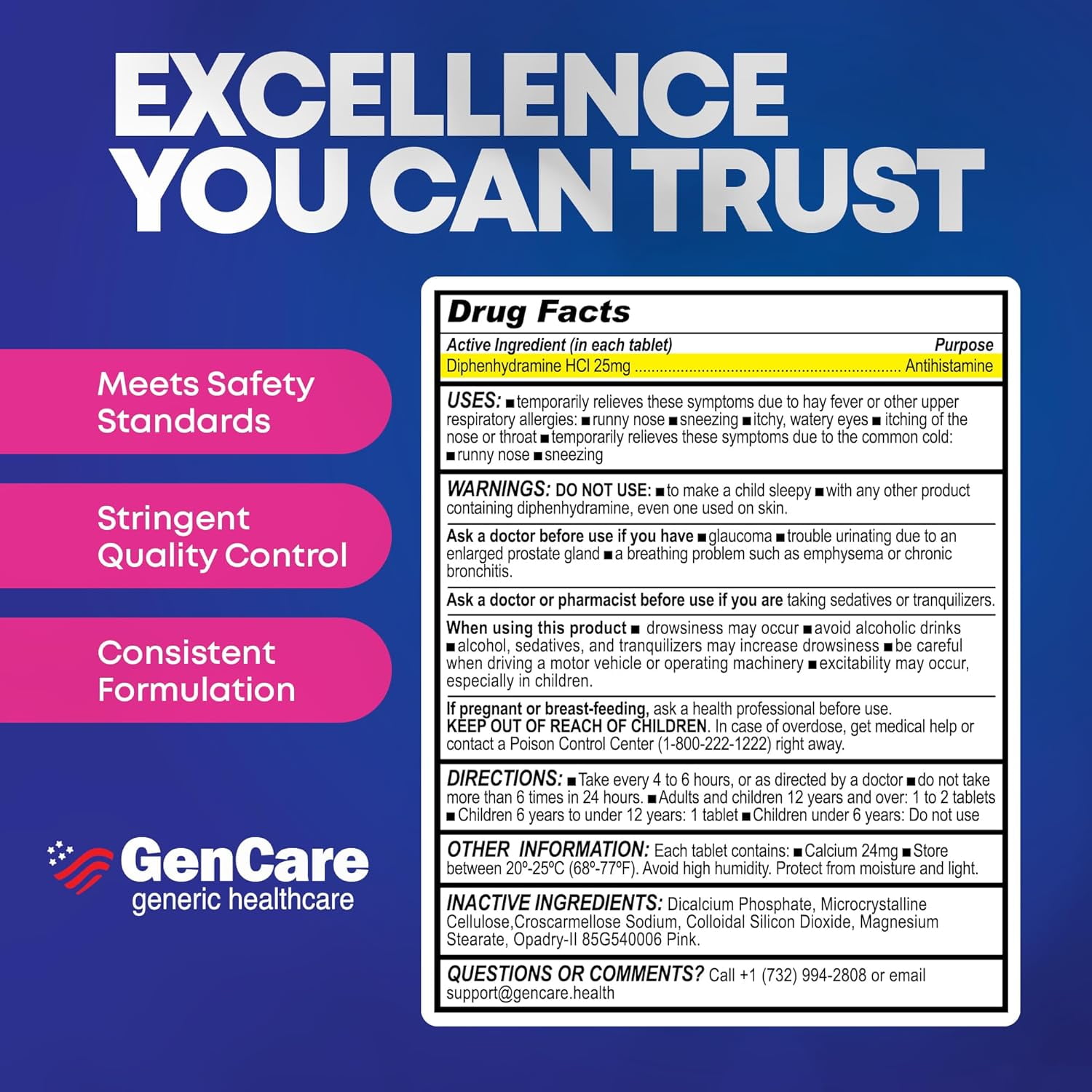 GenCare Allergy Relief Tablets Antihistamine Diphenhydramine HCl 25mg, 600 Tablets