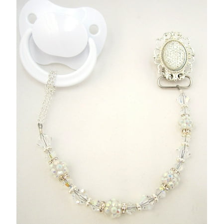 Quilted Crystal on a Silver Tray Beaded Pacifier Clip
