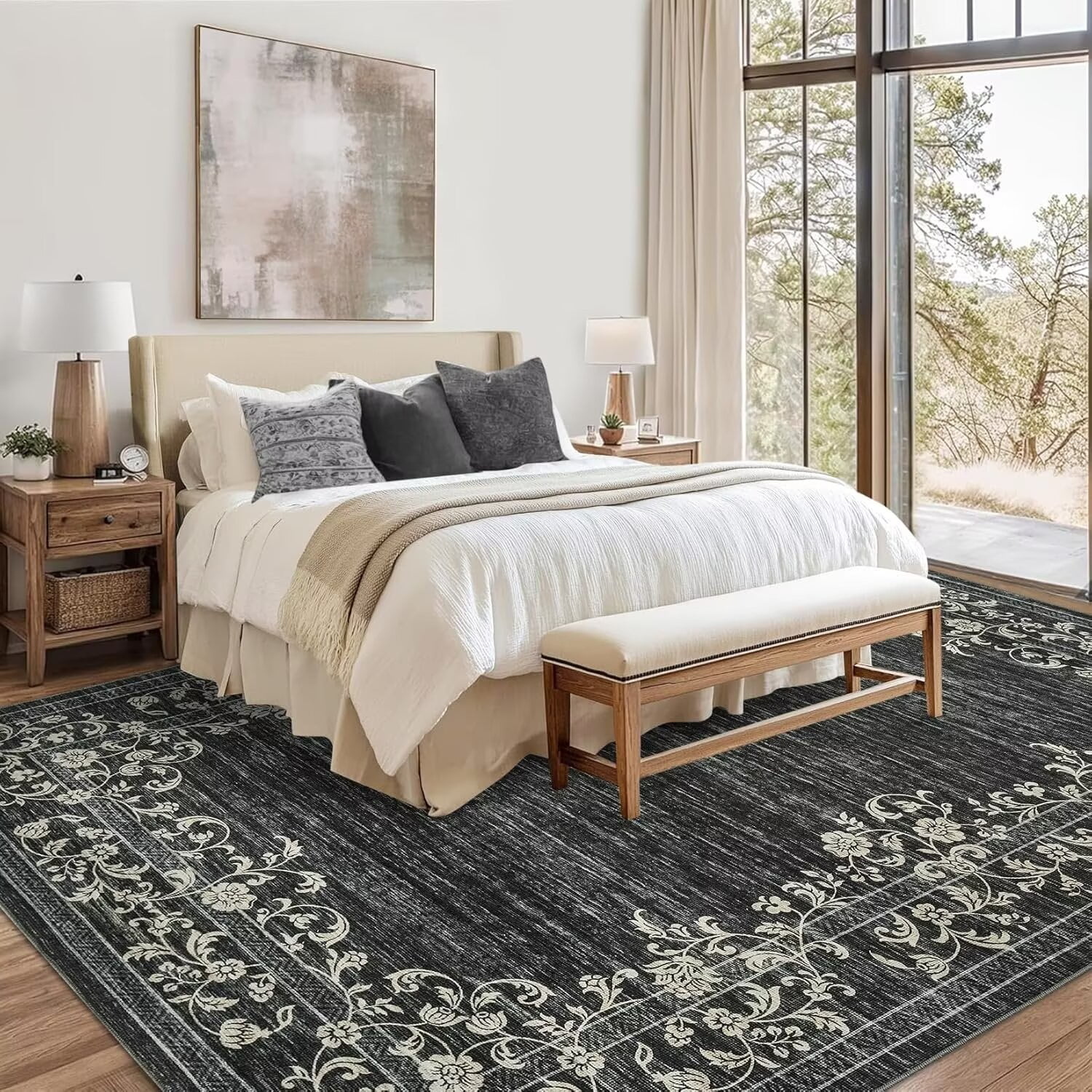 GlowSol 8'x10' Area Rug Modern Floral Area Rug Border Rugs for Living Room Bedroom Farmhouse Soft Foldable Area Rug, Black