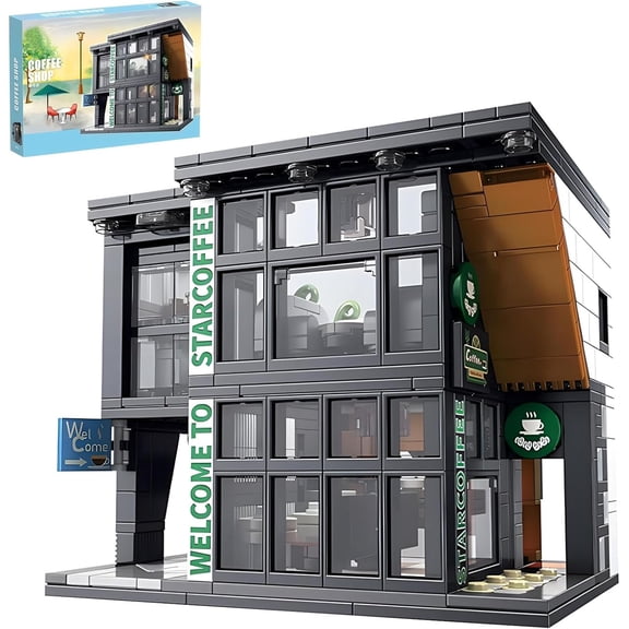 City Coffee House Building Blocks Set - Modern Cafe Architecture Model with Lights, Creative Construction Toy. An Ideal Gift for Christmas or Birthday