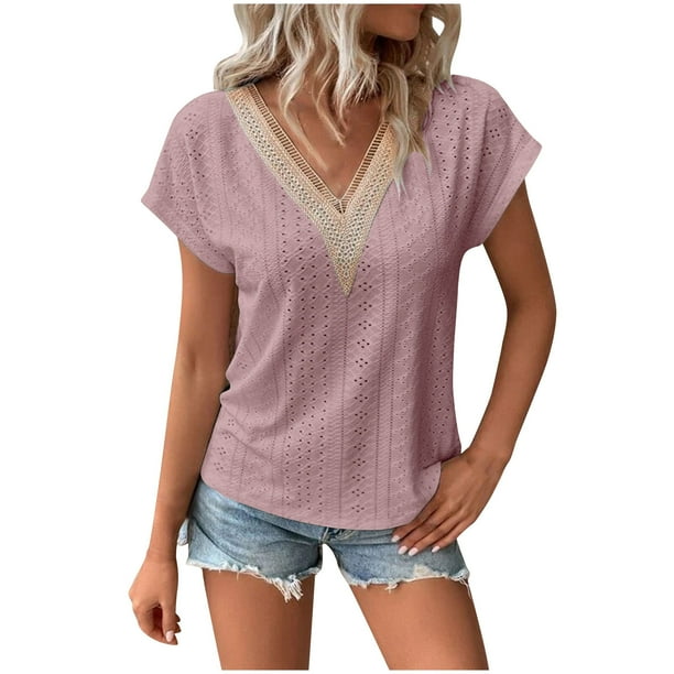 Camiseta de Manga Corta de Verano para las Mujeres con Cuello en V, Primavera de Verano de Poliéster