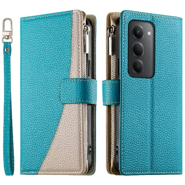 Funda cartera GANGXUN para Xiaomi Redmi 15 5G , cuero PU con tarjetero, cremallera, correa de mano, soporte y protección 720°