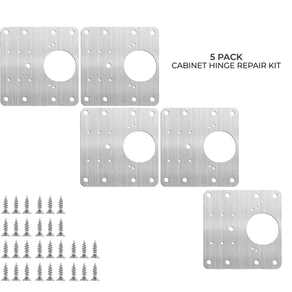 5 Pack Cabinet Hinge Repair Plate Kit, Stainless Steel Hinge Repair Bracket with Mounting Screws, Kitchen Cupboard Door Hinge Fixing Plate for Furniture Cabinet Door Repair