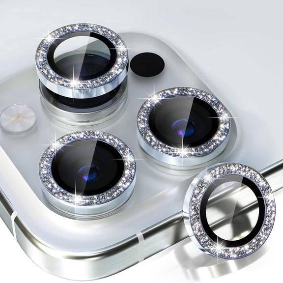 Dteck Compatible for iPhone 16 Pro Camera Lens Protector,Bling Glitter 9H Tempered Glass Camera Cover Screen Protector Metal Ring HD Clear Case Friendly,Silver