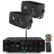 Pyle PFA600BU Compact Bluetooth USB AUX FM Radio Public Address Amplifier Receiver System Combo Bundle with 2x 3.5'' 200W Peak Power 3-Way Weather Proof Mini Black Box Speakers, 16 Gauge Speaker Wire