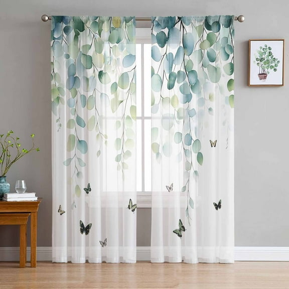 Blue Green Eucalyptus Semi Sheer Curtains 96 Inch Length 2 Panels Set, Sage Gradient Leaves Butterfly Sheer Kitchen Curtain Privacy Voile Window Curtain for Living Room Bedroom Rod Pocket Drapes