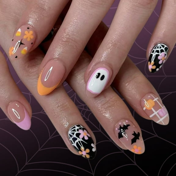 Halloween Press on Nails,Almond French Tips Fake Nails Acrylic Nails with Flower Bat Designs Stick on Nails for Womens