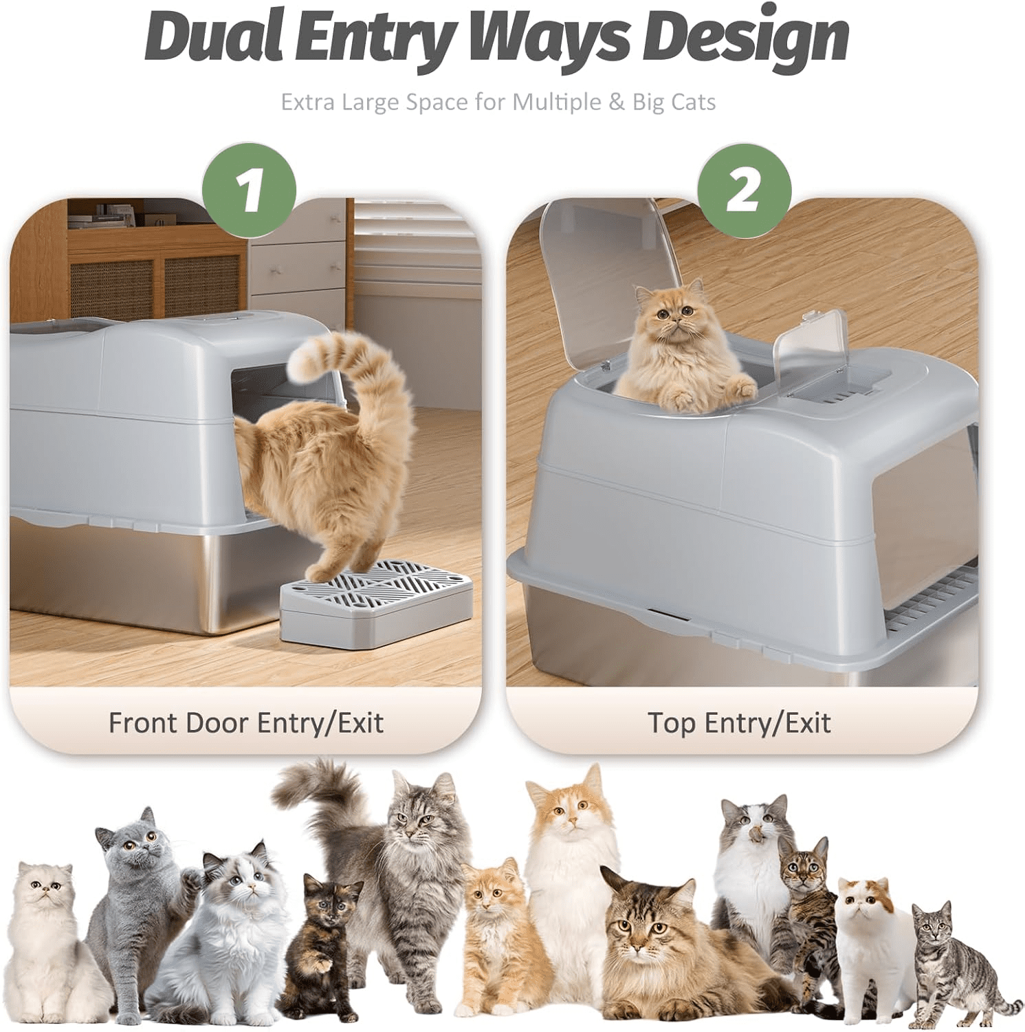 Stainless Steel Cat Litter Box with 110° Flip-Top Lid -XXL Top Entry Enclosed Litter Box for Large Cats with Deodorization Box, Odor-Free, Non-Sticky, Anti-Leak, Removable Lid for Easy Cleaning