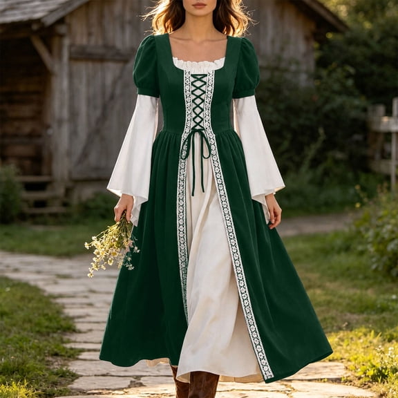 Women's Renaissance Medieval Dress Square Neck Flare Sleeve Maxi Gown Vintage Irish Peasant Dress Lace-up Waist Halloween Costume Cosplay Fair Festival Party Wear
