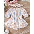 thumbnail image 2 of Infant Baby Girls Rompers Dress Rabbit Print Short Sleeve Boat Neck Ruched Skirt Hem Infant Bodysuits Easter Clothes with Headband, 2 of 8