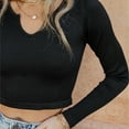 thumbnail image 3 of AherBiu Crop Tops for Women Long Sleeve Tops Ribbed Notch V Neck Stretchy Basic Layer Tee Shirts, 3 of 5
