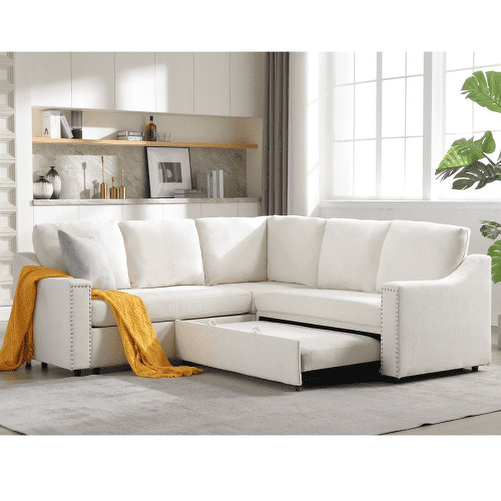 BSHTI L-Shaped Sofa with Pull-Out Sofa Bed,Corner Sofa,Living Room Furniture Set,Sleeper Sofa Bed,Corner Seat for Two with Broaching Sofa,Rivet DeChenille,Beige
