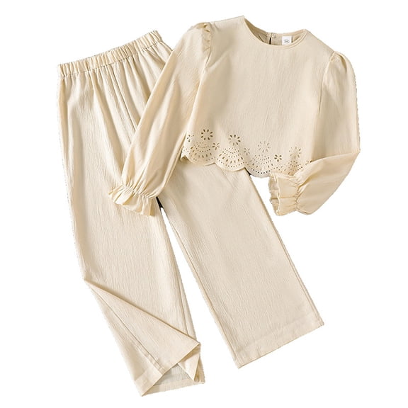 RFQWOVSR Girls Long Sleeve Hollow Out Top and Wide Leg Pants 2 Piece Set Bow Detail Fall Trendy Outfit 7-8 Years