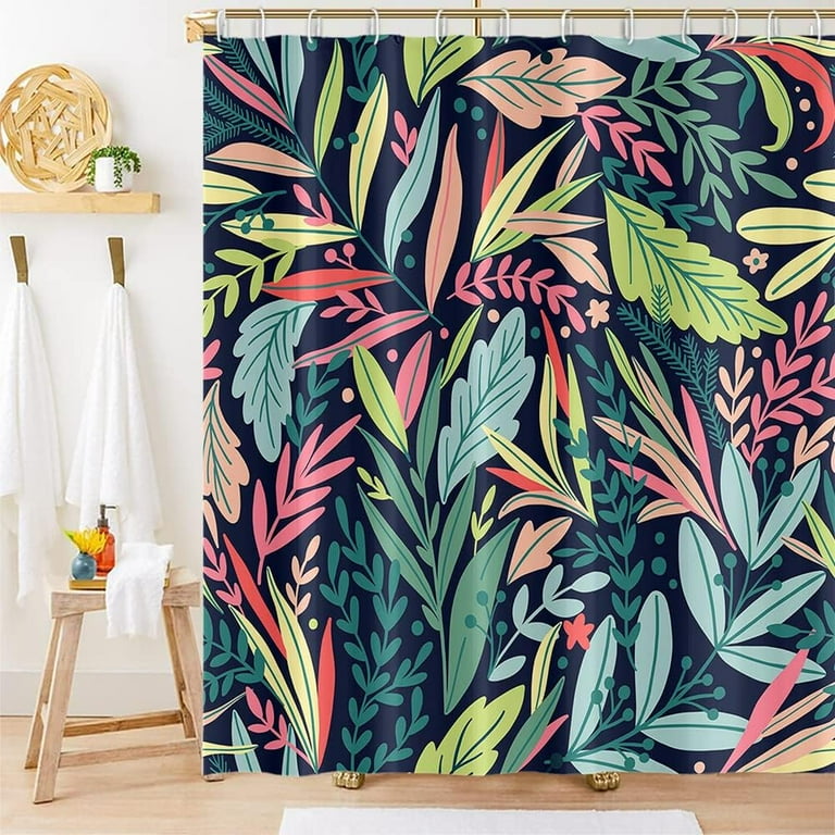JOOCAR Tropical Leaves Shower Curtains Colorful Floral Leaf Nature Plants  Green Pink Botanical Summer Jungle Shower Curtains Bathroom Decor  Waterproof Fabric Sets with 12 Hooks, 72x72 Inch 