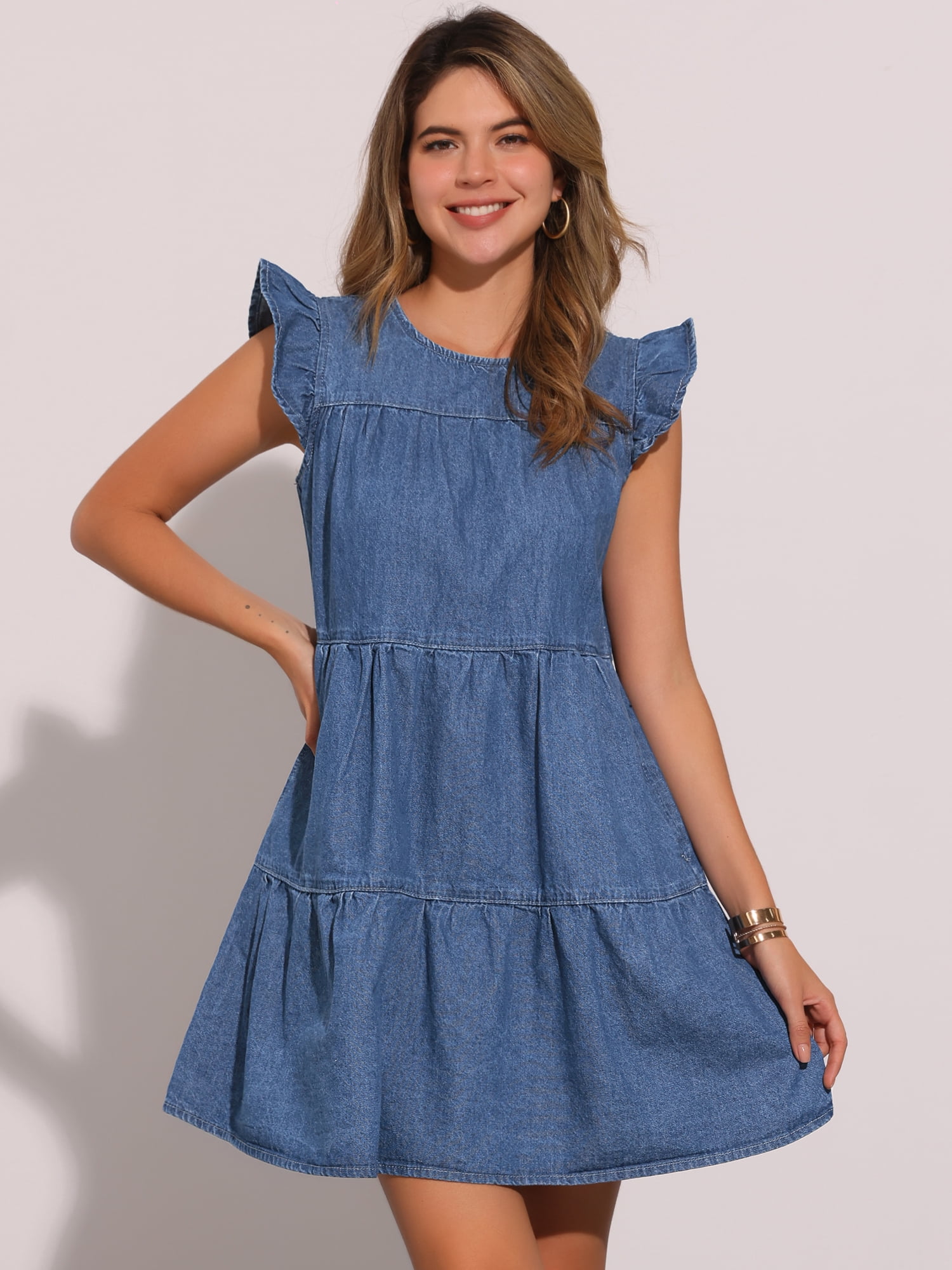 DARING DIVA Denim Casual Cap Sleeves Tiered Mini Dress XS Blue