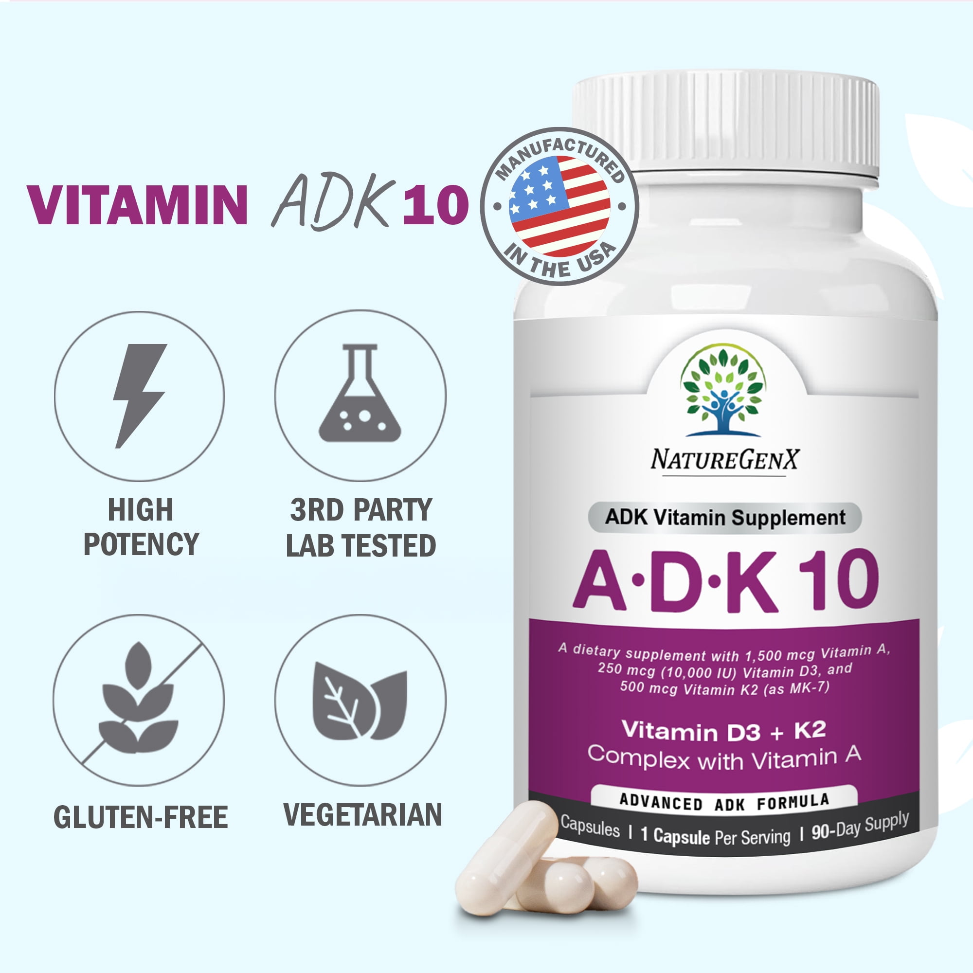 NatureGenX ADK Vitamin Supplement - High Potency Vitamin A 1500 mcg, D3 10000 IU & K2 500 mcg - Bone, Heart & Immune Support - 90 Vegetarian Capsules