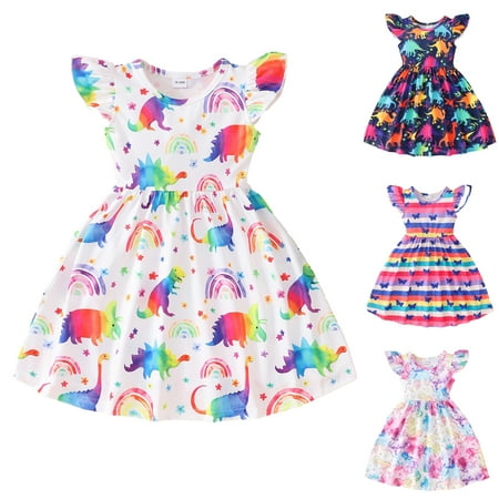 

SILVERCELL Toddler Girl Dinosaur Dress Flutter Sleeve Cute Summer Outfits Baby Girl Casual Ruffles Dresses 18M-8T