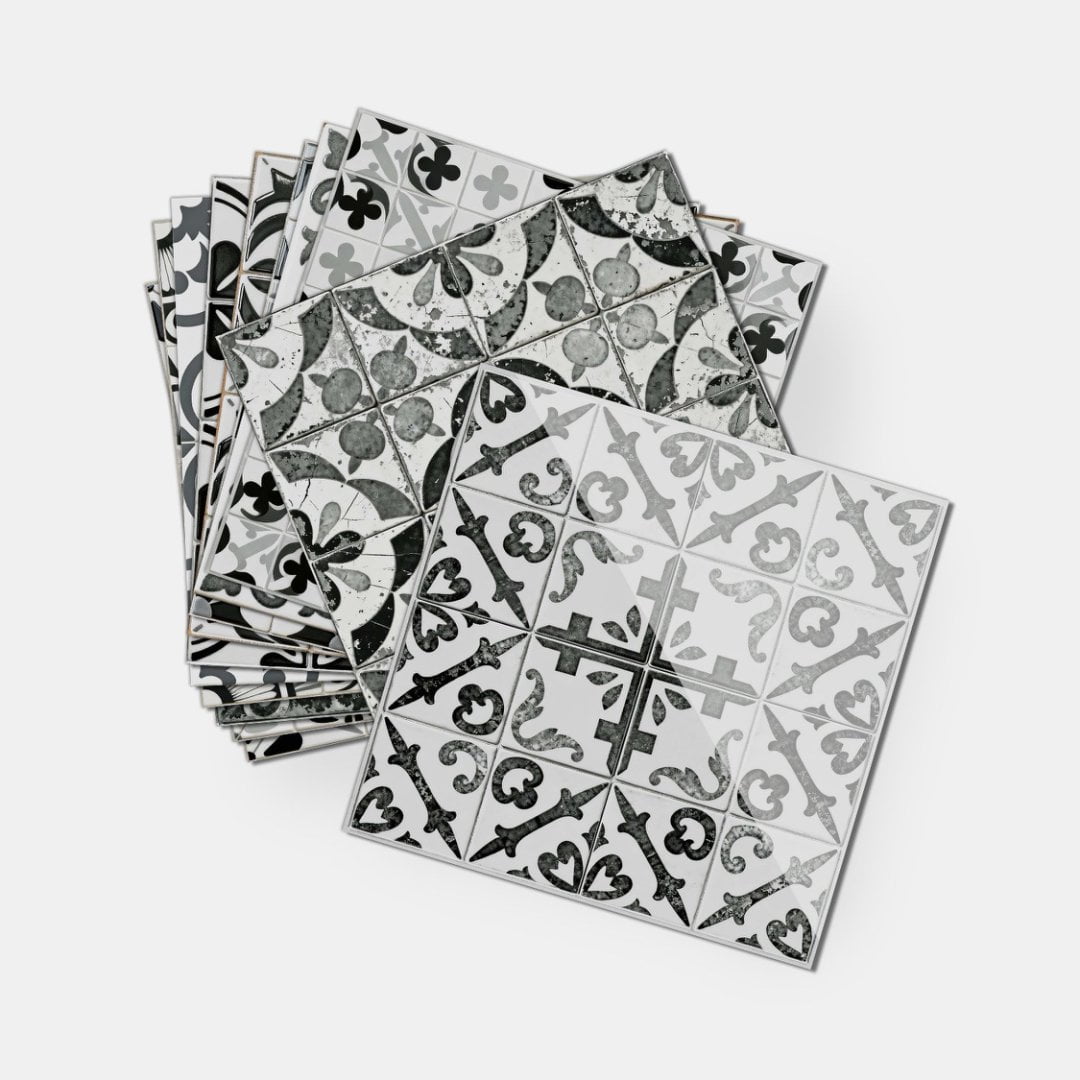 24Sheet Self Adhesive Tile Sticker Peel and Stick Backsplash 7.87" x 7.87" DIY Decor Gray Black Flowers Wall Stickers Waterproof Vinyl Decals