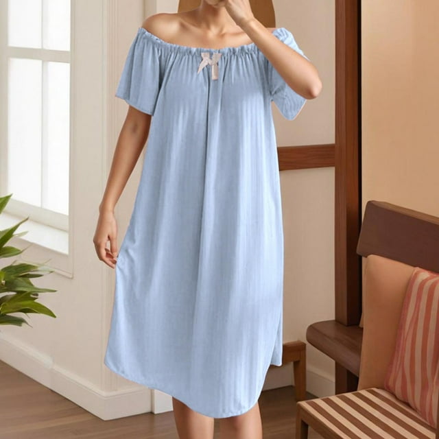 Sakmal Moomoos Bleus pour Femmes, Sommeil, Légers, Plissés, Grande Taille, Longueur Genou, Robe de Nuit Unie à Manches Courtes pour Femmes