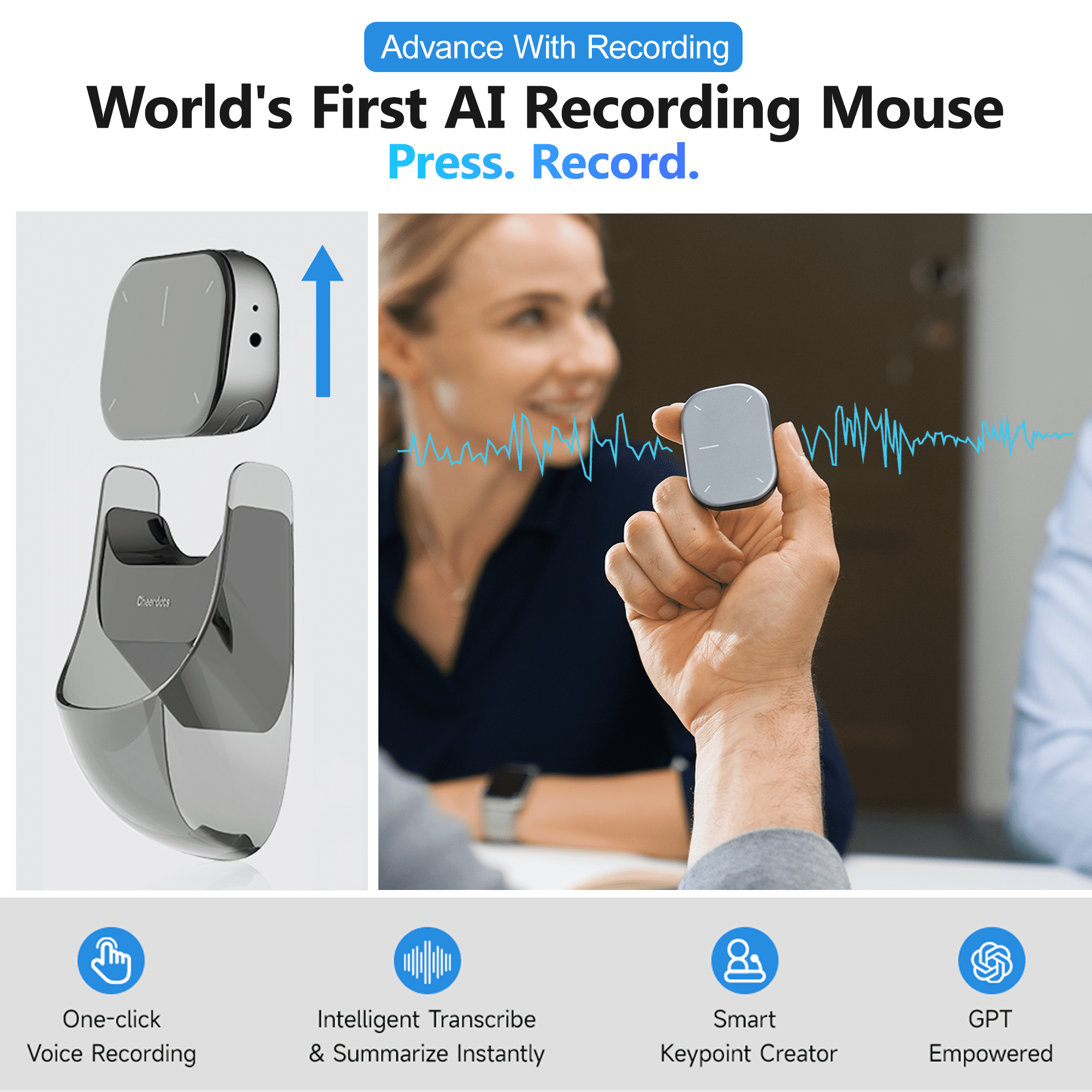 2026 Wireless AI Mouse - Bluetooth GPT Air Mouse with Voice Recording & Summarize by AI, Detachable Presenter Presentation Pointers Remote with Laser, Compatible with PC/Mac/Laptop, Silver