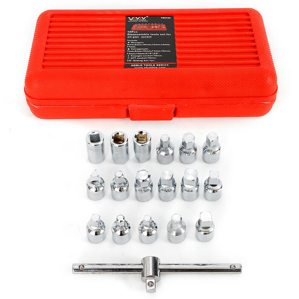 18PCS Oil Drain Pipe Plug Hexagon Square Socket Key Removal Tool Set 3/8'' Drive
