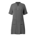 thumbnail image 7 of Horkkom Linen Dress Women V Neck Solid Color Short Sleeve Sundresses Beach Vacation T Shirt Dress with Pocket, S-2XL, 7 of 7