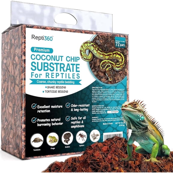 Repti360 Premium Coconut Chip Substrate for Reptiles | 10 lb Compressed Block Expands up to 72 Quarts | Natural Bedding for Ball Python, Tortoise, Bearded Dragon Habitats
