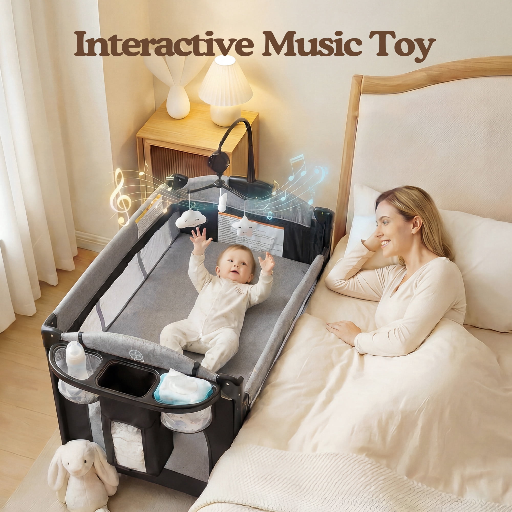LINLUX Foldable Baby Bedside Crib Bassinet, Infant Pack and Play Playard, Newborn Playpen Changing Table,Gray