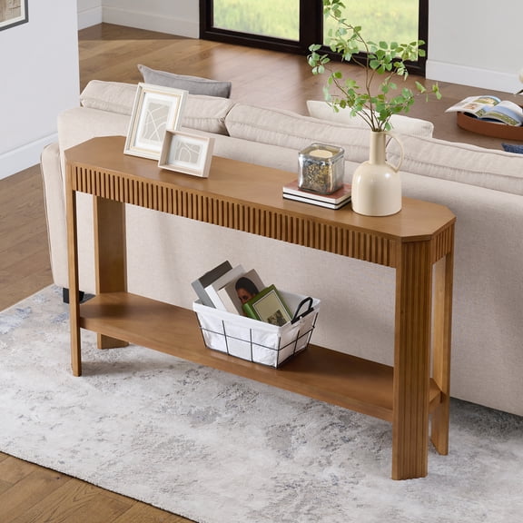Alaterre Furniture Fluted Wood Console Table - 56in Modern Entryway Table with Storage Shelf, Oak