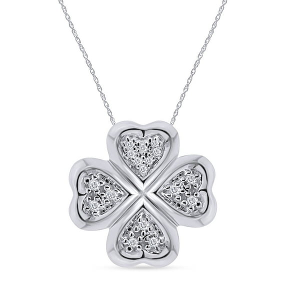 AFFY White Natural Diamond Clover Pendant Necklace in 14k White Gold Over Sterling Silver (0.1 Ct)