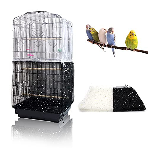 Cookwowe 3Pcs Large Adjustable Bird Cage Cover Seed Catcher Universal Birdcage Nylon Mesh Net Cover Soft Airy Skirt Guard for Square Round Cage 2 Black+1 White